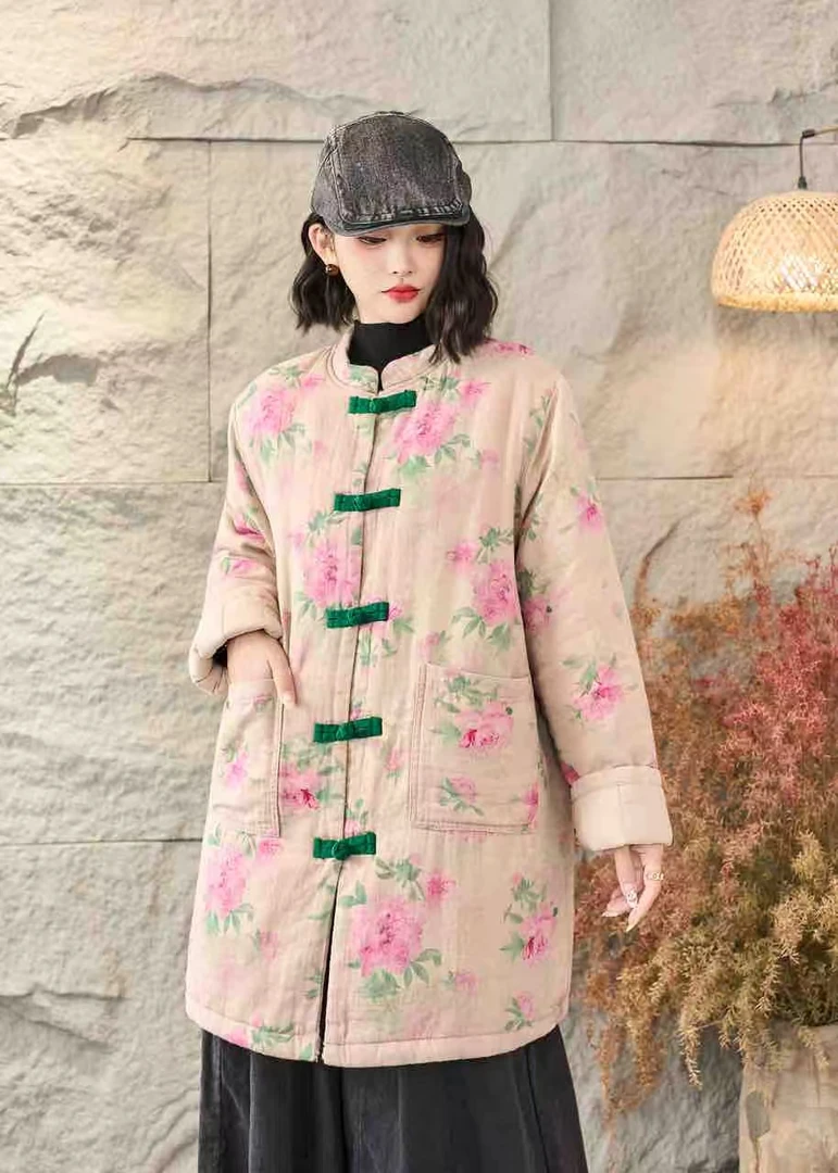 （棉服上新）新中式棉麻印花盘扣中长款棉服（90-150斤）
