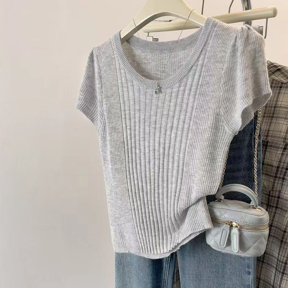 夏天薄款冰丝针织短袖T恤女2025新款高级感修身显瘦气质正肩上衣