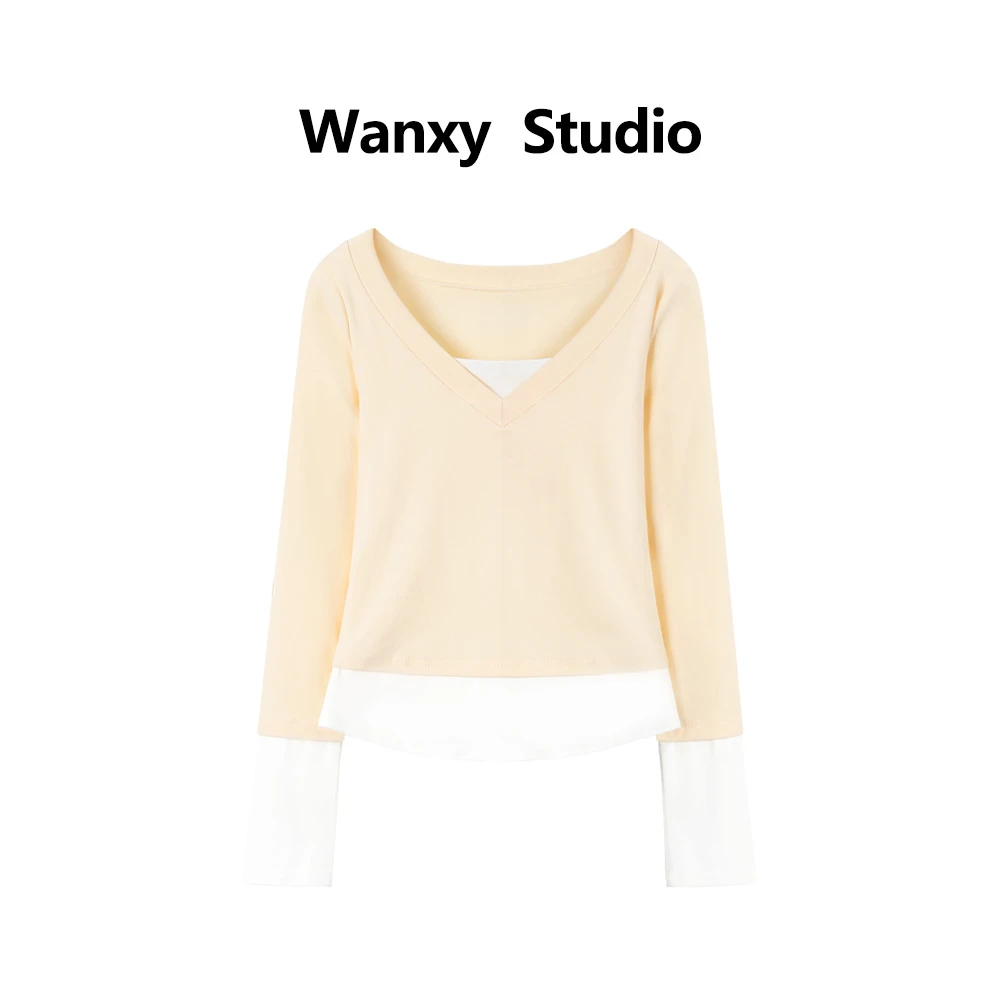【8391】胖mm美式甜辣妹假两件T恤女秋季修身长袖V领撞色拼接上衣