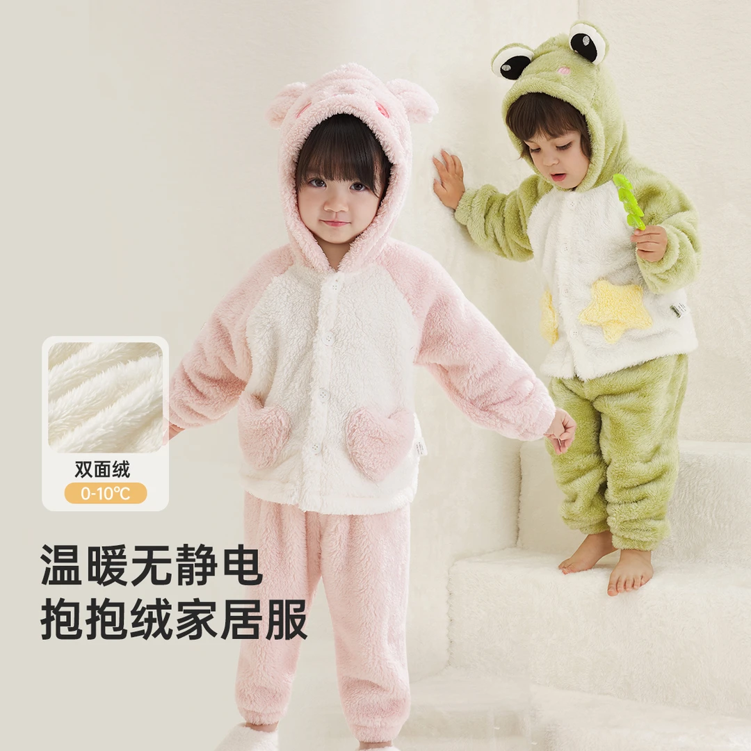 wellber/威尔贝鲁卡通珊瑚绒前开造型连帽套装家居套装冬季25新