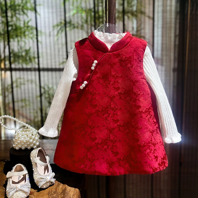 女童拜年服秋冬装新中式国风背心旗袍周岁女宝宝衣服女孩抓周礼服