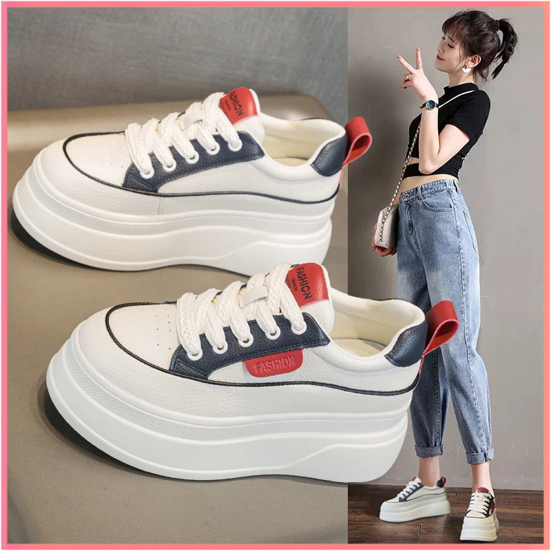 新款内增高厚底松糕跟休闲圆头小白鞋女低帮秋季百搭时尚