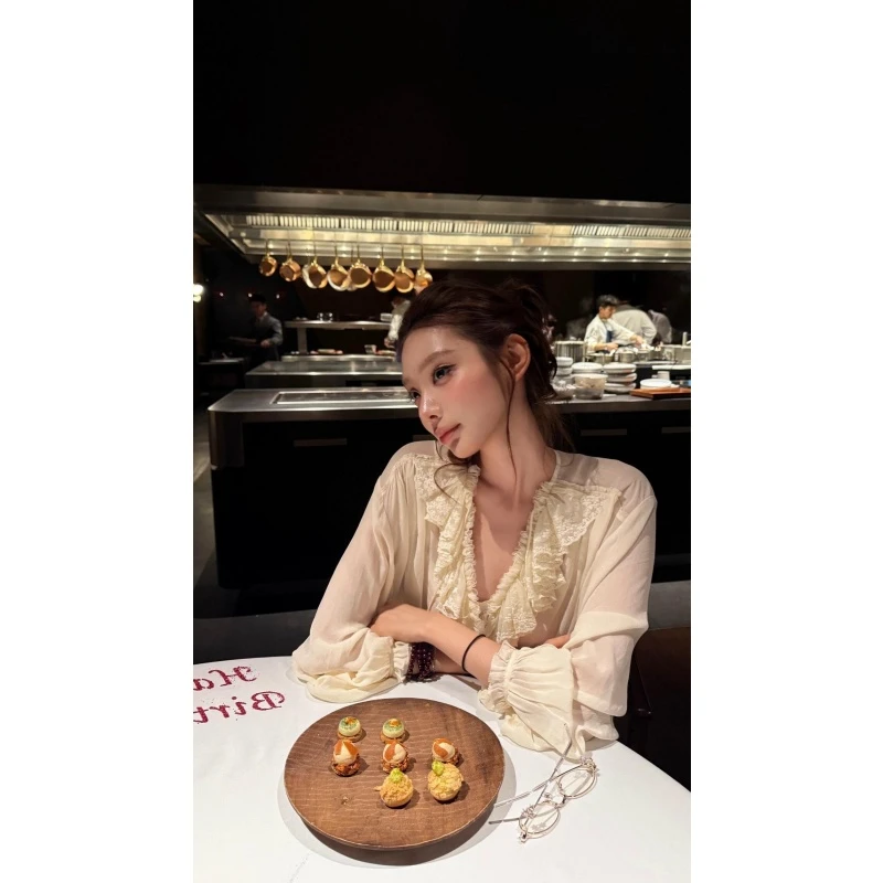 法式温柔风气质荷叶边长袖高级感女秋季小众百搭别致杏色上衣套装