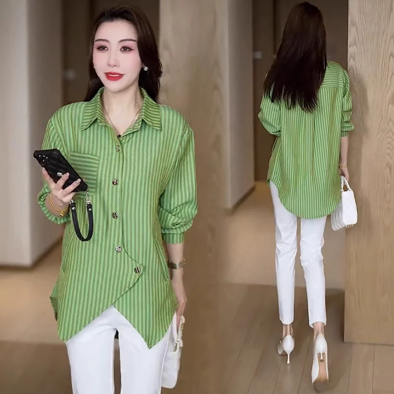 时尚设计感不规则长袖条纹衬衫女2025春秋新款宽松显瘦中长款上衣