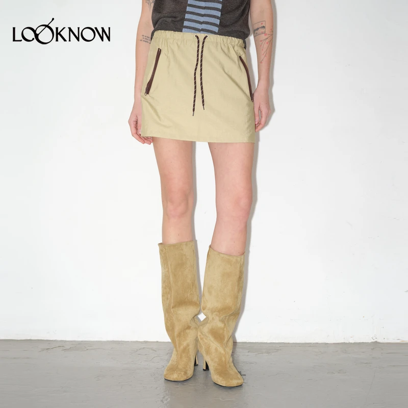 IF BY LAND设计师品牌LOOKNOW2025年春季新款卡其松紧腰系带半裙