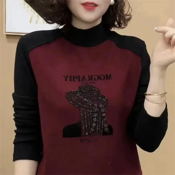 2025秋冬新款德绒半高领打底衫女撞色拼接烫钻长袖减龄显瘦上衣女