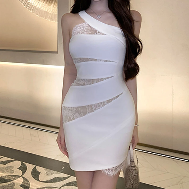 【蕾丝白】夏季新款针织双面乱麻 重工拼接蕾丝弹力白色连衣裙短裙