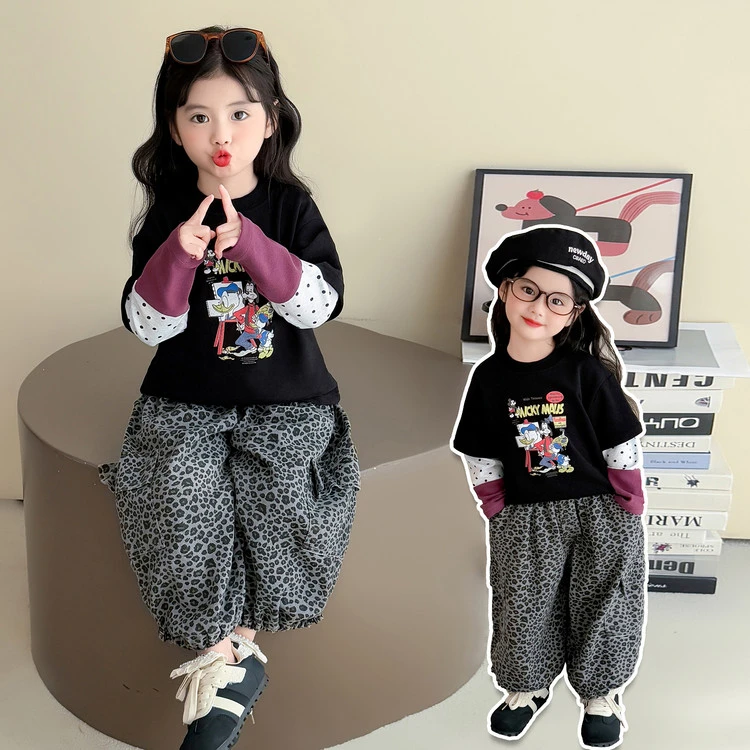 女童韩版假两件卫衣套装秋季2025新款儿童宝宝豹纹裤子春秋装衣服