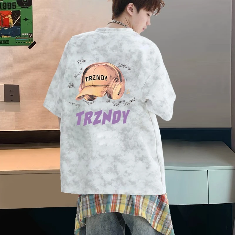 潮牌短袖t恤男生夏季扎染纯棉宽松大码上衣美式复古轻奢情侣半袖