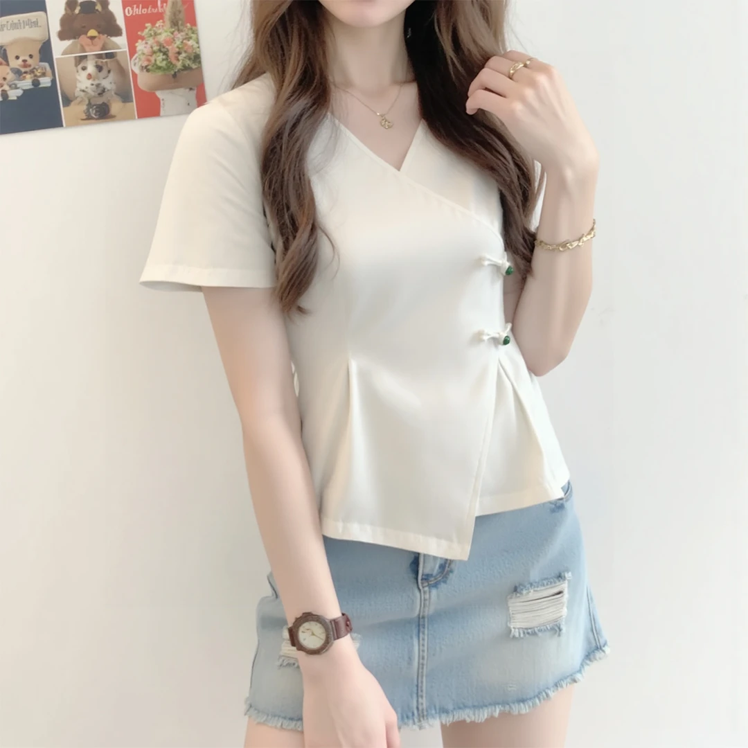 夏季设计感不规则短袖t恤女遮肚子显瘦港风复古交叉v领盘扣上衣夏