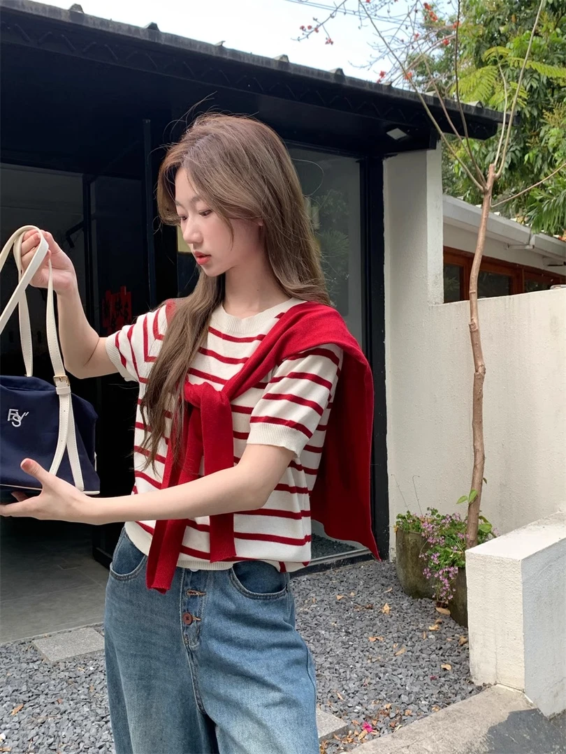 韩系chic别致条纹撞色针织短袖T恤女夏季设计感小众两件套H7-19