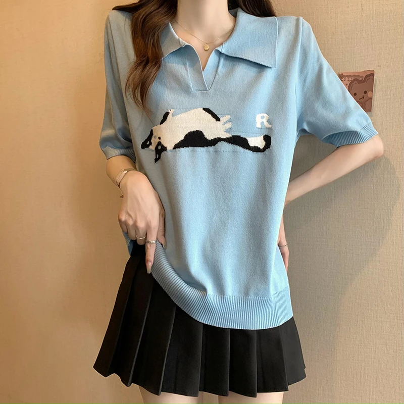 2025夏装新款胖mm大码女百搭卡通刺绣冰丝polo针织短袖T恤 71500