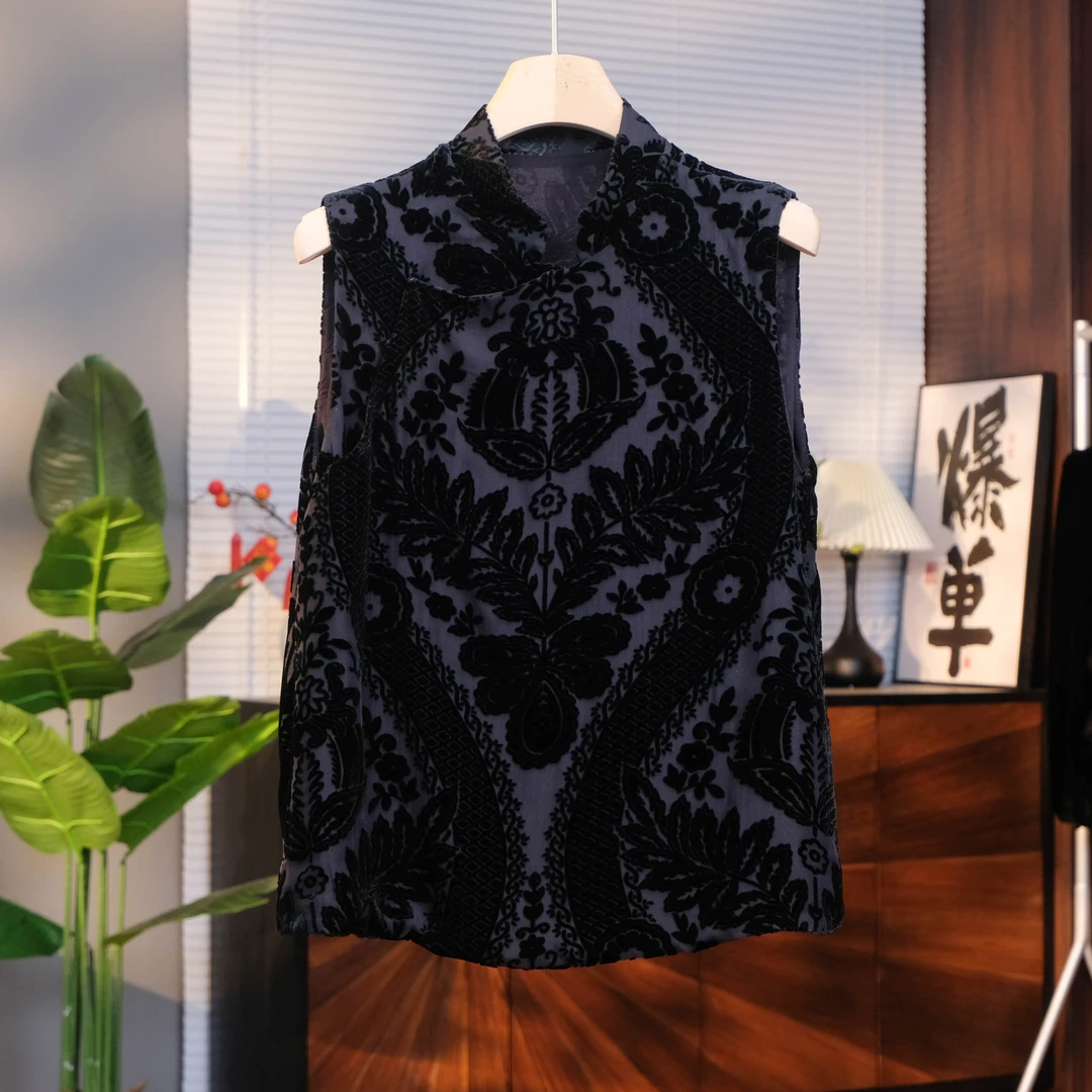 真丝丝绒重工烧花马甲女中式风百搭外套