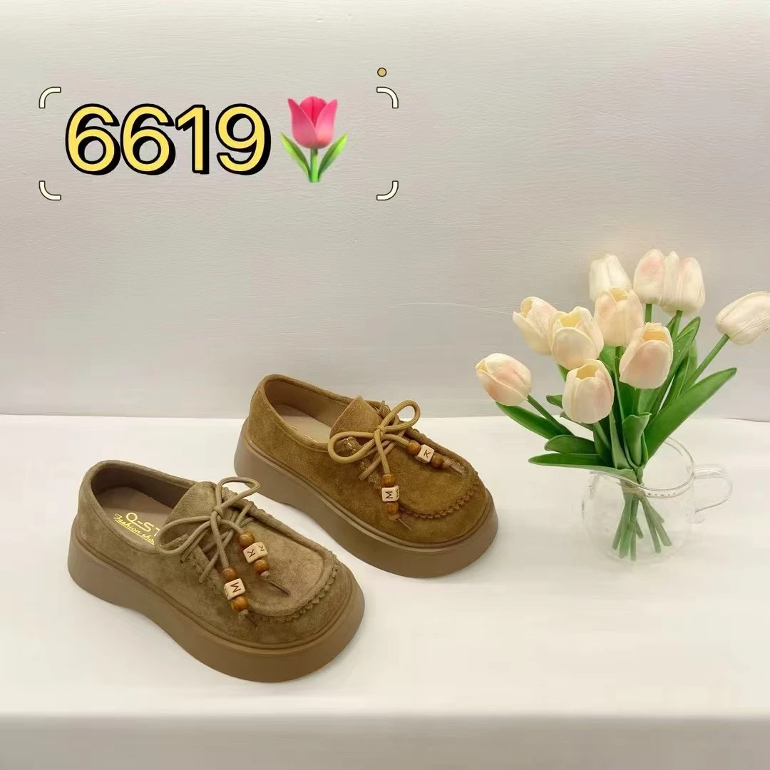6619）薄款豆豆鞋百搭休闲风时尚皮鞋秋季中跟单鞋松紧带