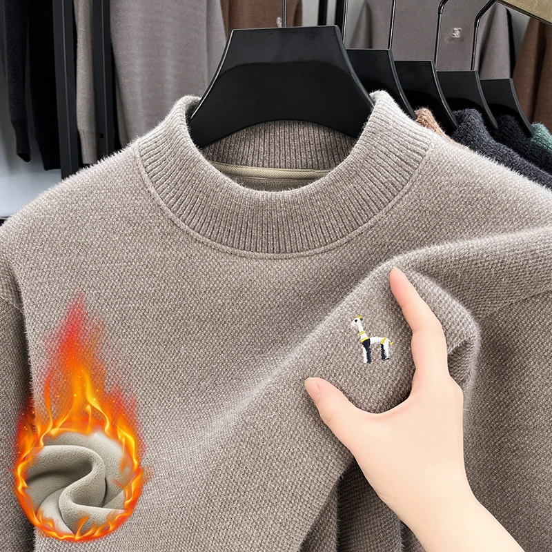 混纺针织毛衣男士长袖休闲加绒修身高档加厚保暖圆领秋冬季打底衫