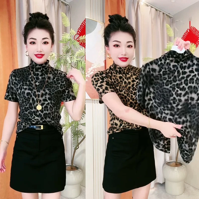2025早秋新款时尚修身显瘦半高领豹纹T恤气质休闲简约通勤上衣潮