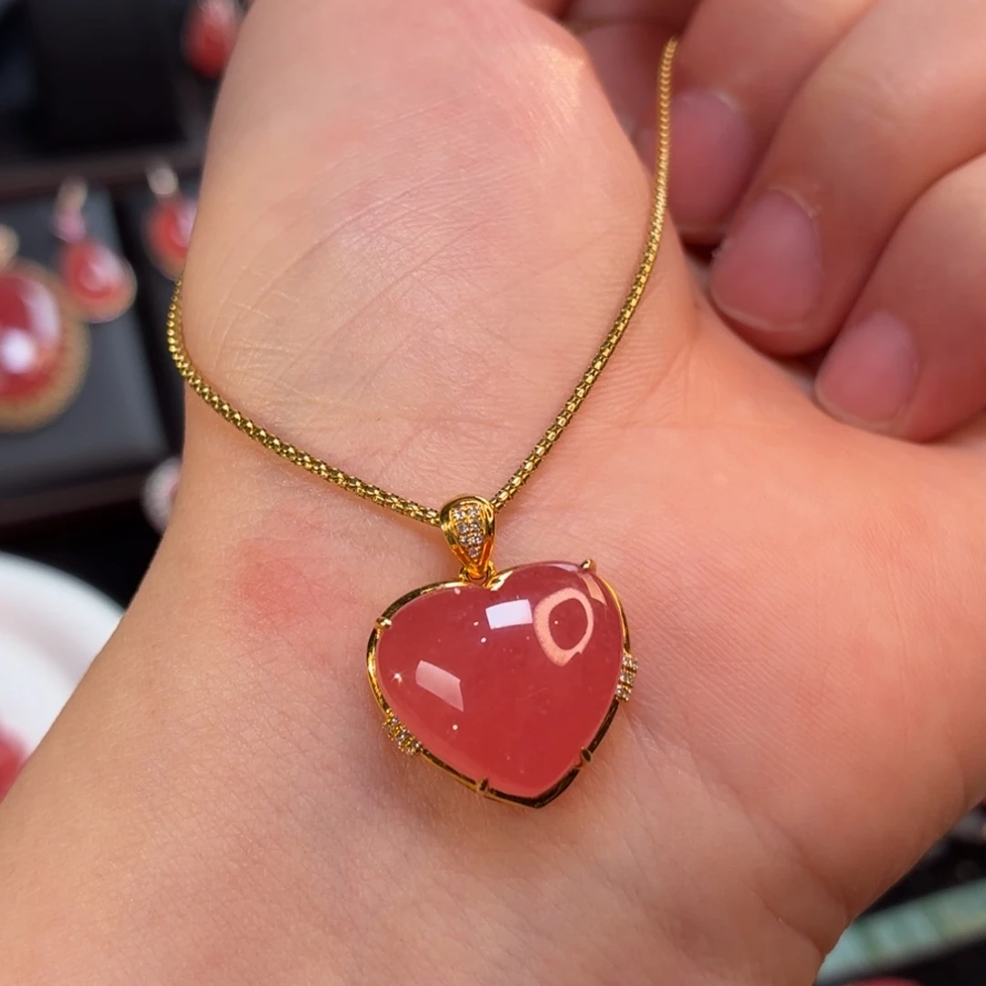 菱锰矿（红纹石）18K金镶嵌吊坠(不含链)