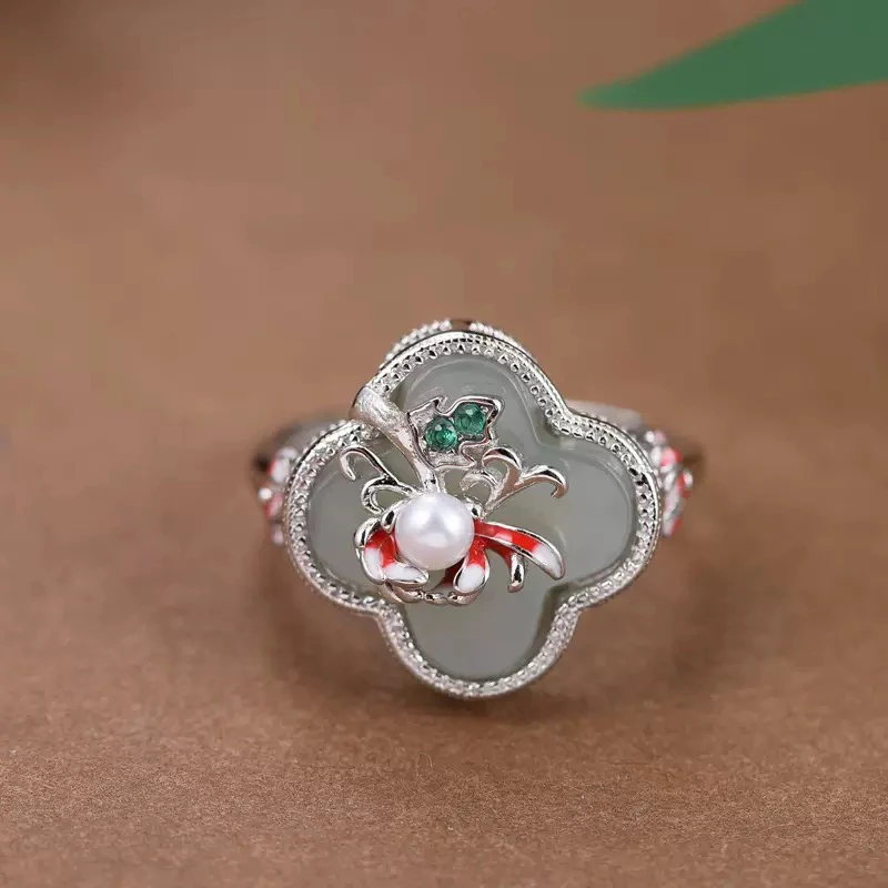 s925银镶嵌和田玉戒指女款开口复古指环小众复古个性简约时尚指环