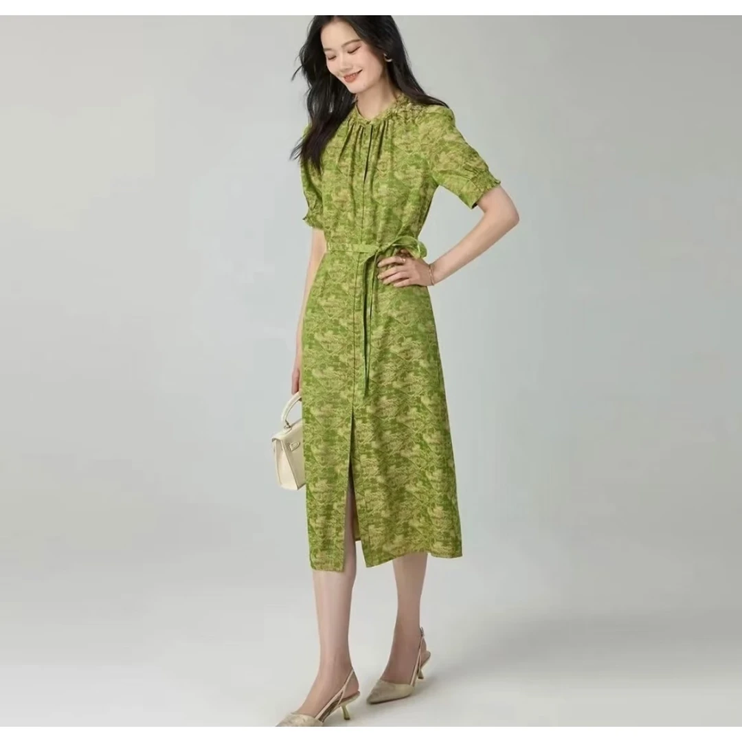 高级感国风连衣裙女夏时尚系带显瘦短袖印花中长裙L805
