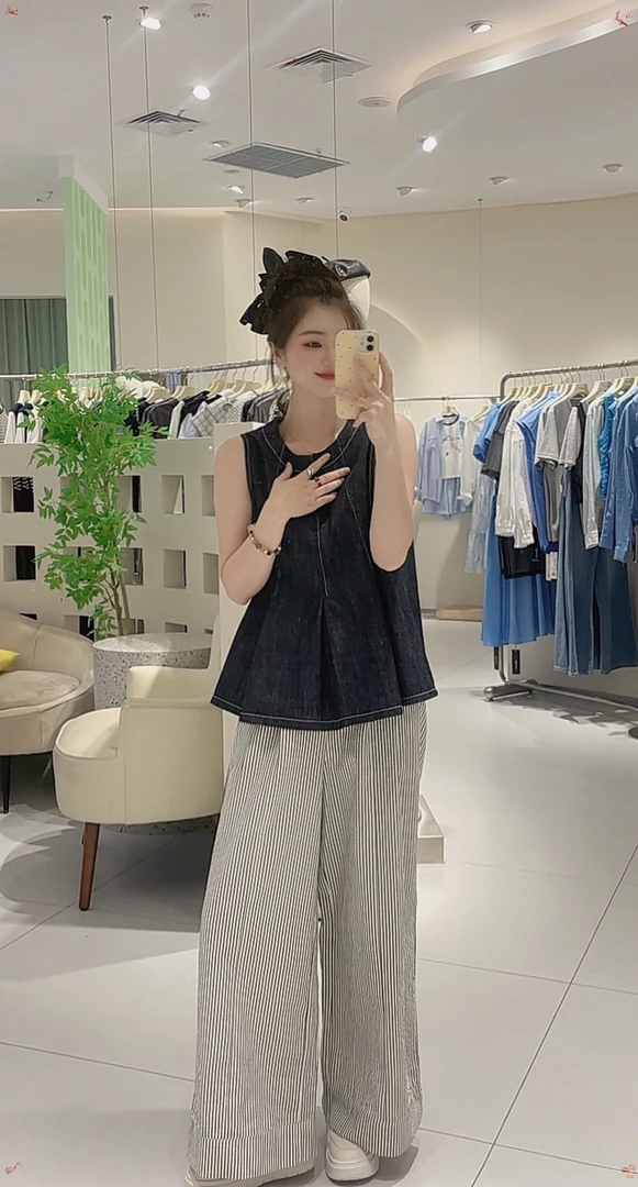 艾然夏季上新无袖牛仔条纹套装显瘦时尚百搭韩版5655