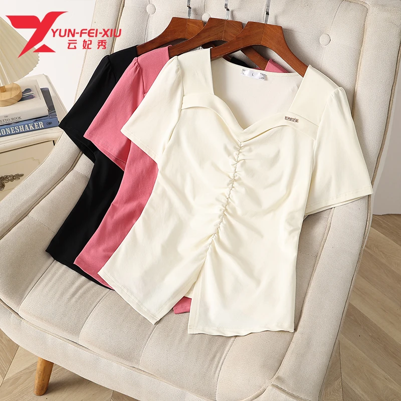 云妃秀大码女装上衣时尚休闲微胖宽松显瘦气质减龄褶皱T恤夏9398