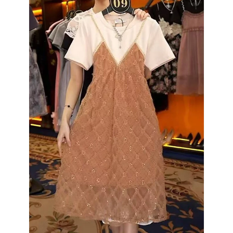 2054夏季拼接长裙连衣裙斜肩圆领套头洋气韩版气质蕾丝