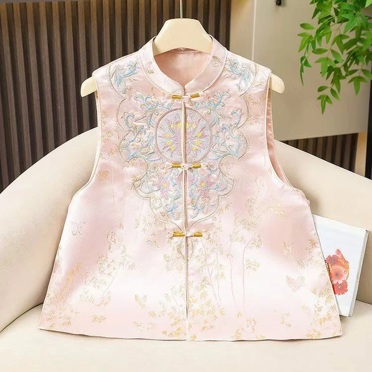 【竹蝶刺绣】新中式宋锦提花复古盘扣气质立领显瘦百搭马甲