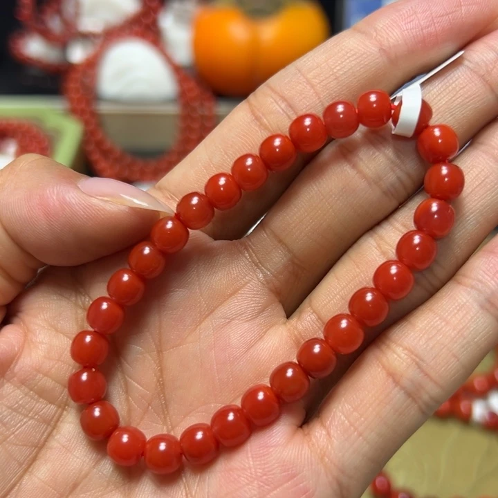 未镶嵌手串南红玛瑙 柿子锦高玉化 约6.5mm 纯润