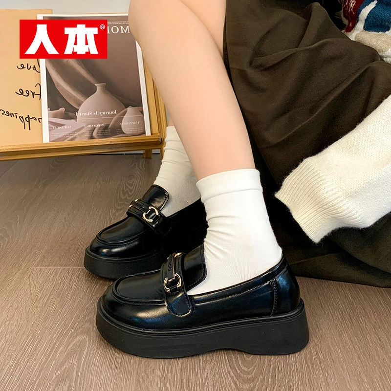 人本厚底乐福鞋女2025新款秋冬爆款英伦风黑色小皮鞋一脚蹬单鞋子