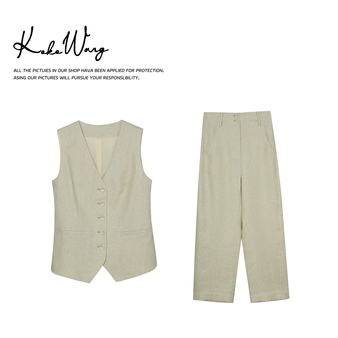 KOKO WANG老钱风法国亚麻V领马夹阔腿裤高级感套装502445B23H41