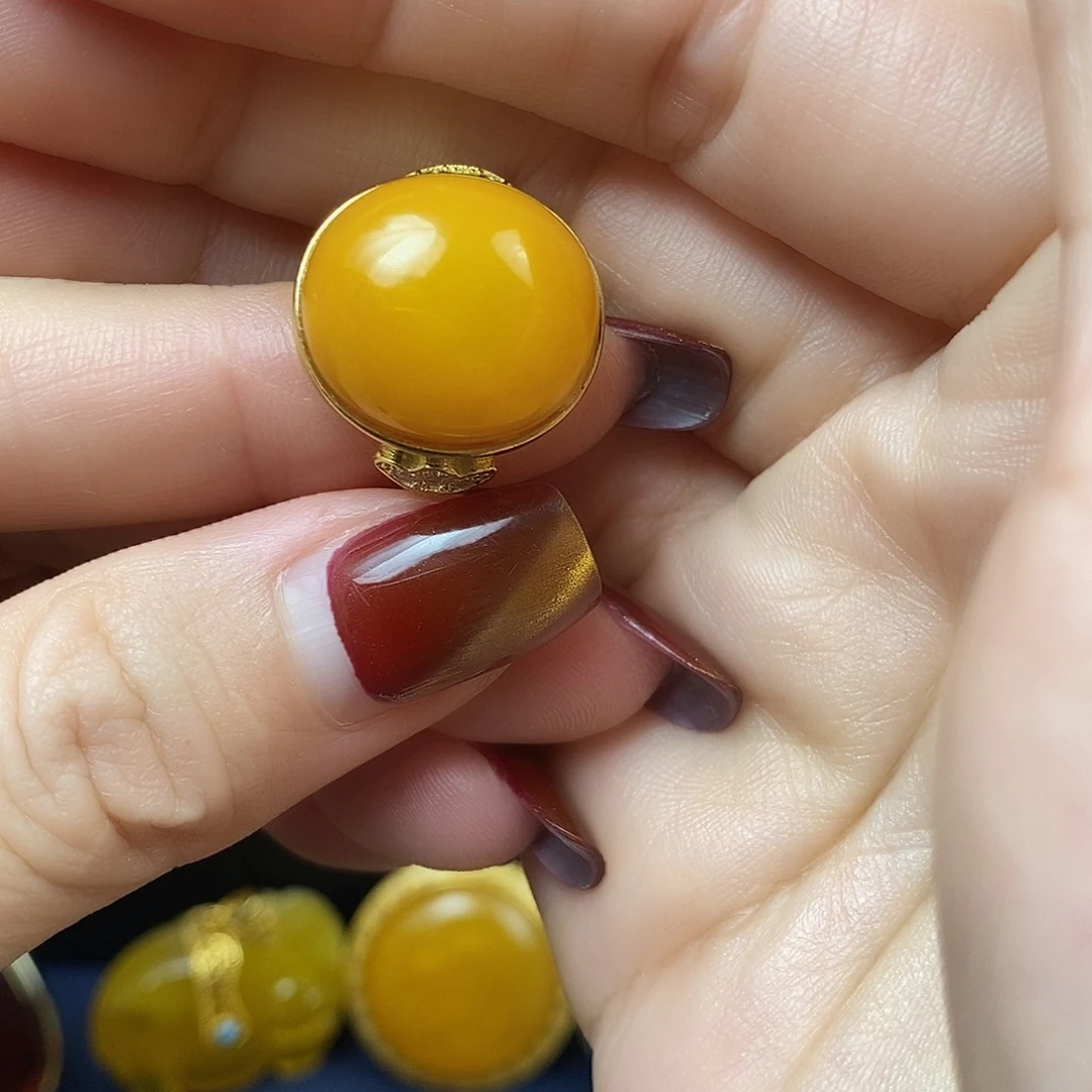 蜜蜡戒指银S925镀金镶嵌