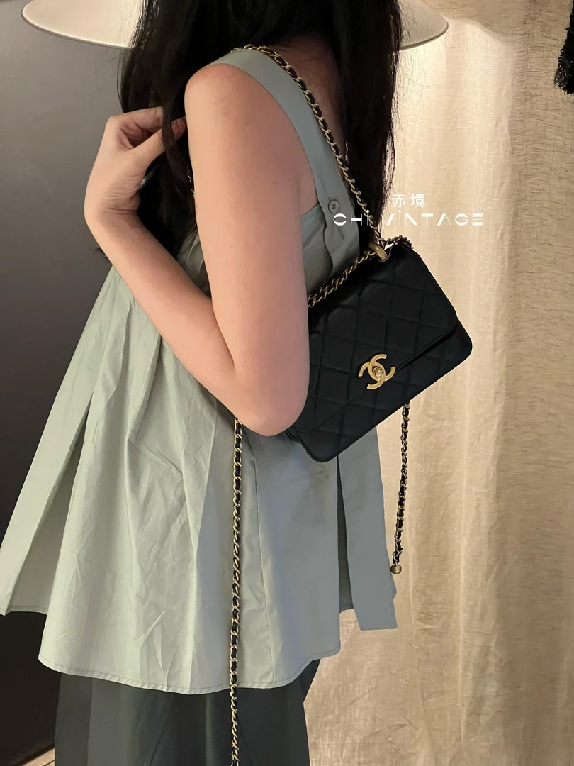 99新 Chanel/香奈儿 5259 黑金双金珠19底长斜挎包芯片款