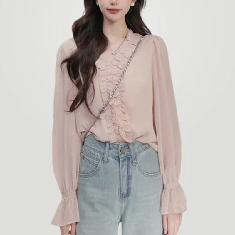 秋季新款长袖洋气百搭时尚显瘦设计衬衣女木耳边拼接条纹纯色衬衫