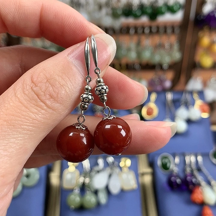 玛瑙/玉髓耳环银S925镶嵌12左右牛血红