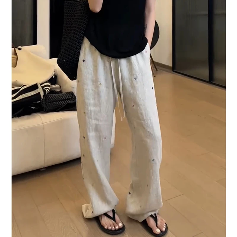 休闲裤女2025年夏季新款爆款裤子显瘦时尚长裤高腰百搭印花阔腿裤