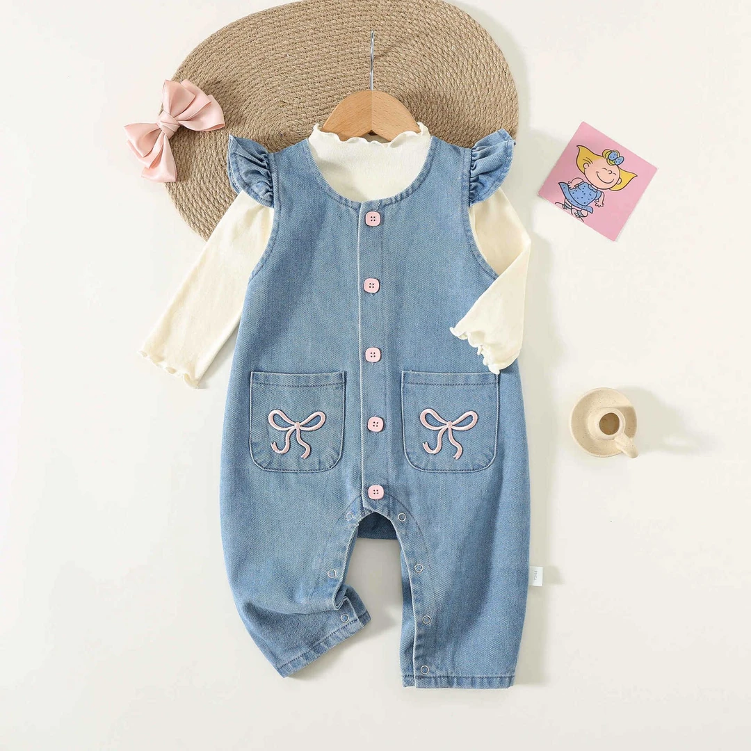 秋冬新品秋季女宝宝牛仔背带裤婴儿连体衣套装新生儿洋气公主爬爬