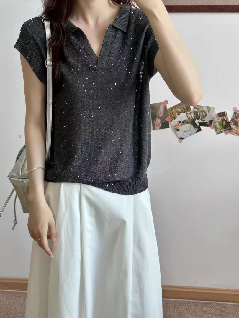 QIANRH-1235夏季新款珠片纱不规则领小飞袖百搭针织短袖