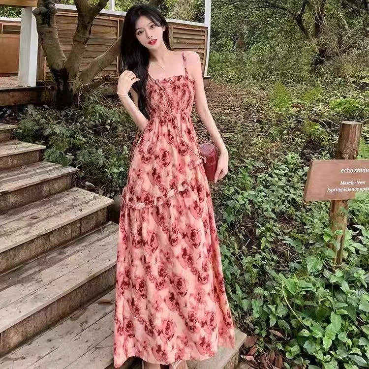气质小众领连衣裙吊带裙夏季复古裙子长裙收腰显瘦吊带