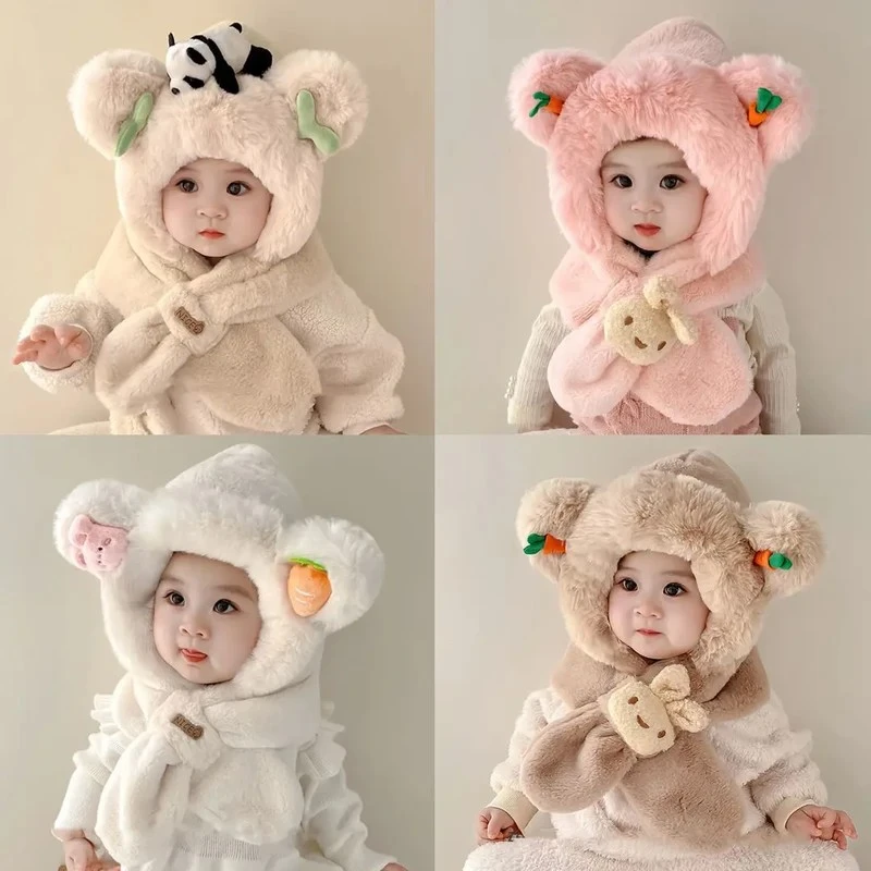 宝宝帽子秋冬款毛绒帽可爱超萌儿童围脖一体帽女孩冬季护耳帽kkk