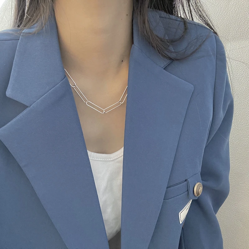 吊坠925银 韩国新款韩式重工项链S925纯银ins潮椭圆形长十字简约