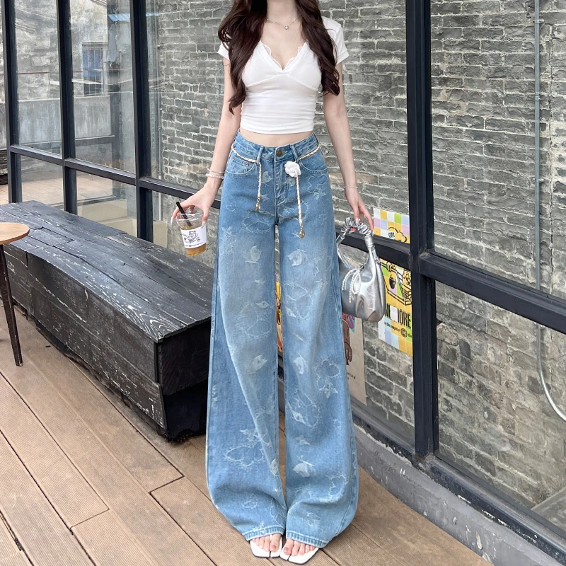提花蝴蝶直筒牛仔裤女秋季新款裤子宽松设计感窄版阔腿高腰小个子