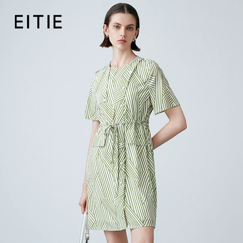 EITIE爱特爱夏季新款时尚圆领系带显瘦印花气质长裙连衣裙7807512