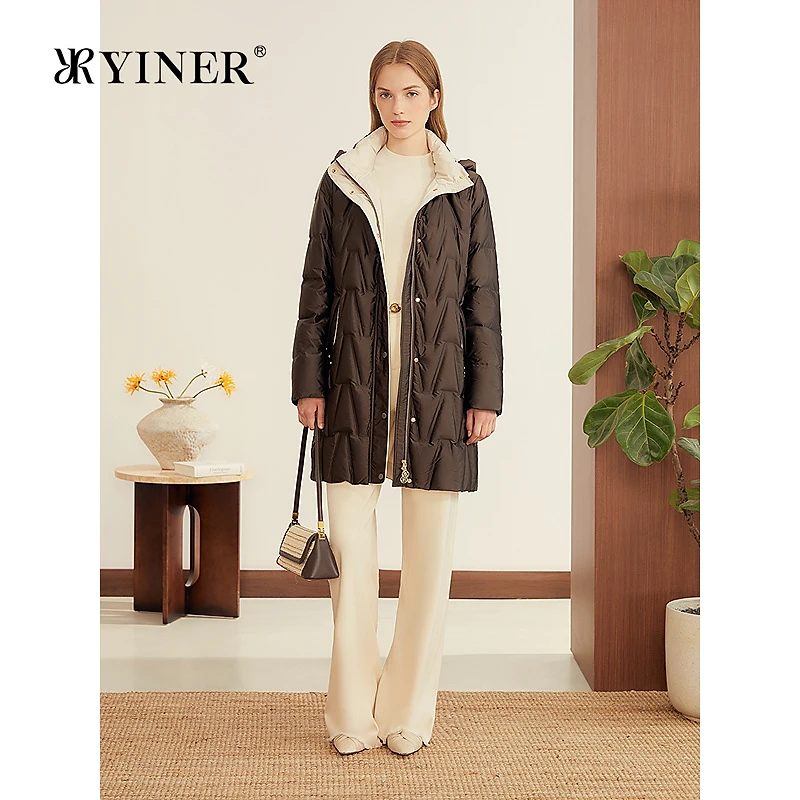 YINER音儿专选2025冬季新款法式柔光缎面立领可拆卸连帽羽绒服