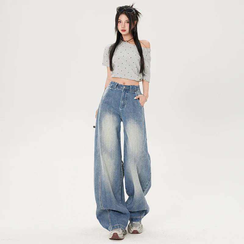 新款镰刀牛仔裤春季新款高腰宽松香蕉裤低腰大码小个子女士豹纹拖
