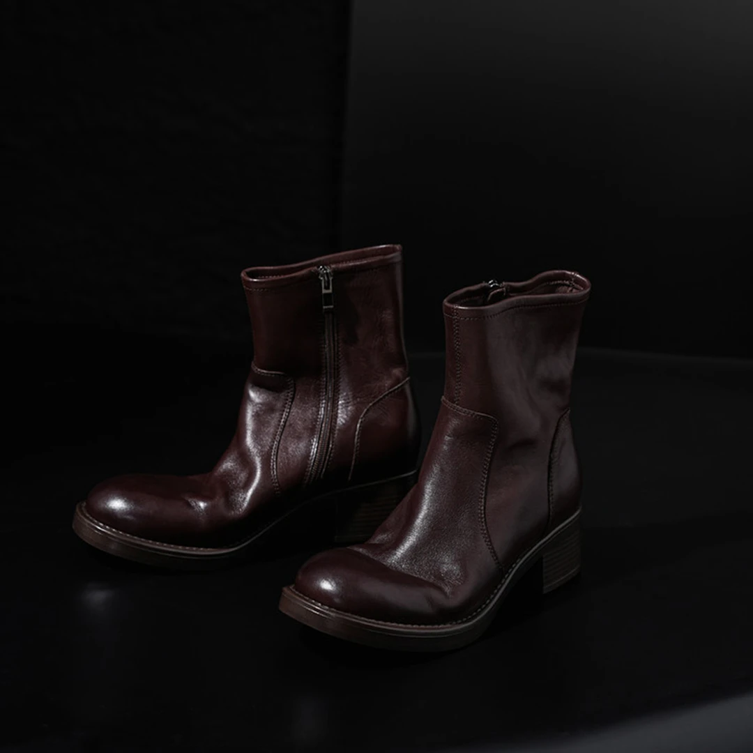 复古棕色粗跟马丁靴女2025秋冬新款英伦风圆头切尔西靴中跟短靴