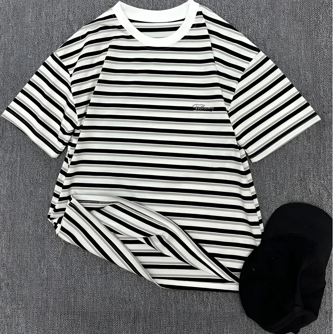 Q122气宇轩昂青少年潮牌条纹短袖T恤休闲时尚