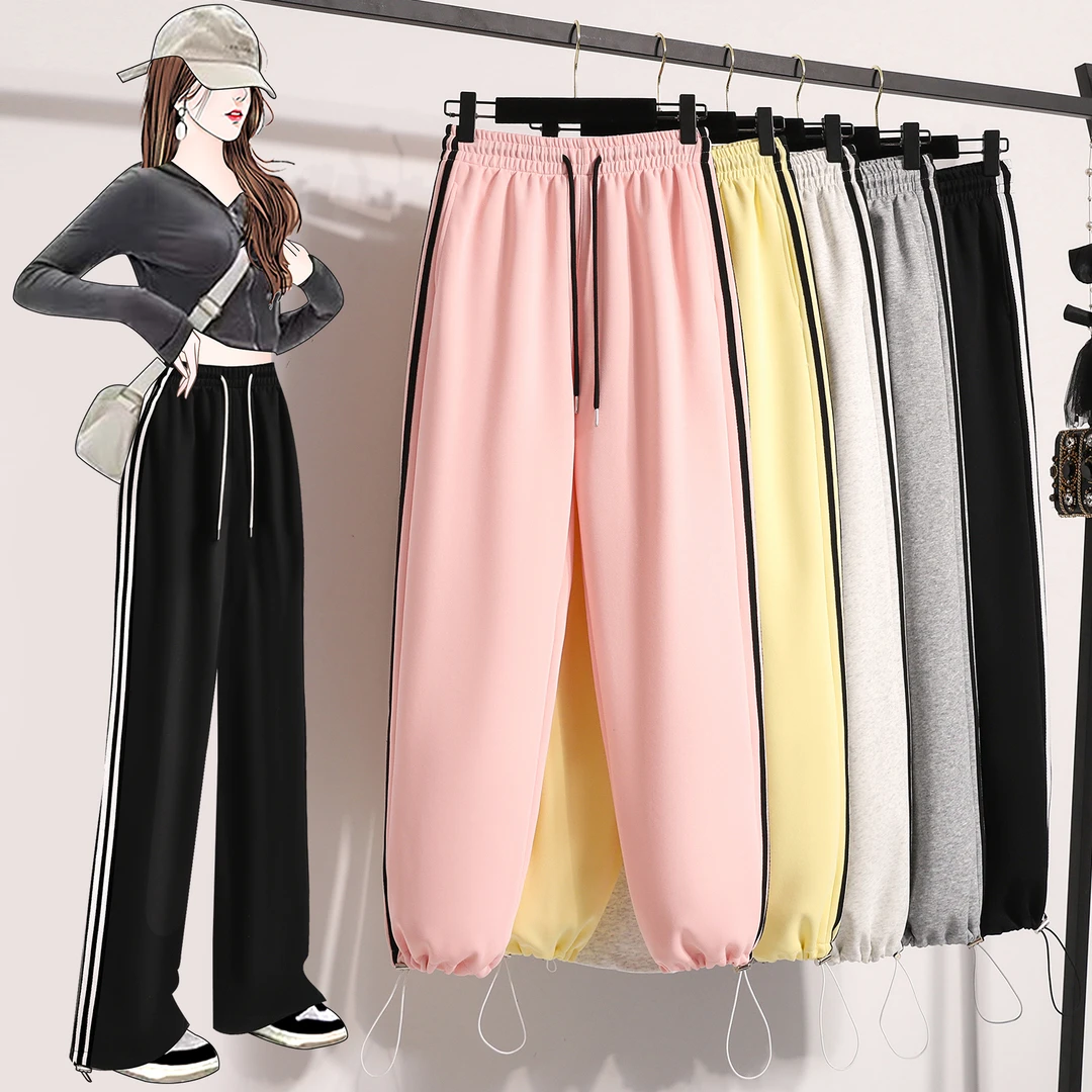 2025春季女大童新款侧边拉条撞色直筒裤宽松显瘦阔腿束脚休闲卫裤