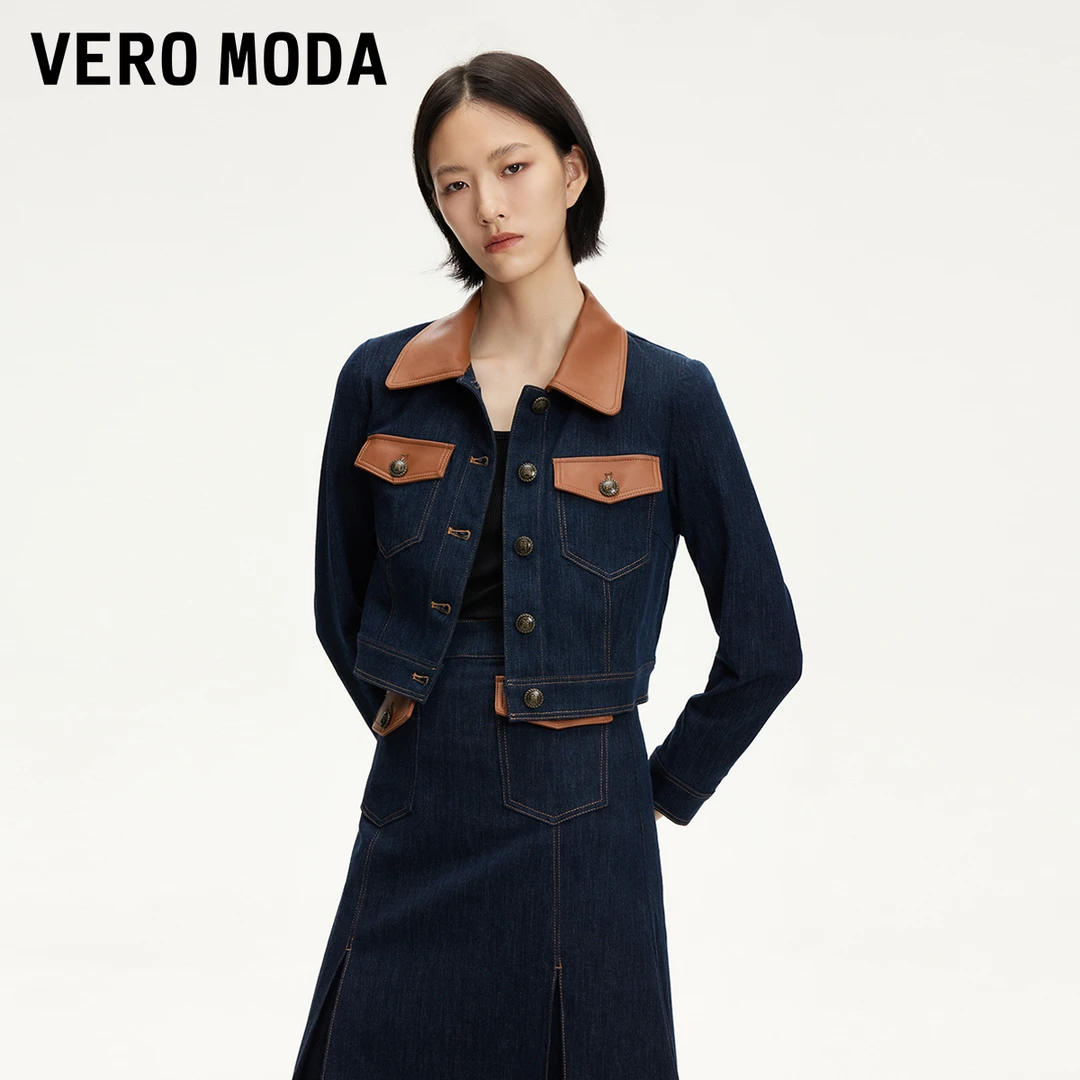Vero Moda短外套女春游出行洋气短款原色牛仔九分袖拼接325257002