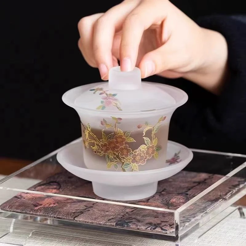 桃花白琉璃盖碗-A12631