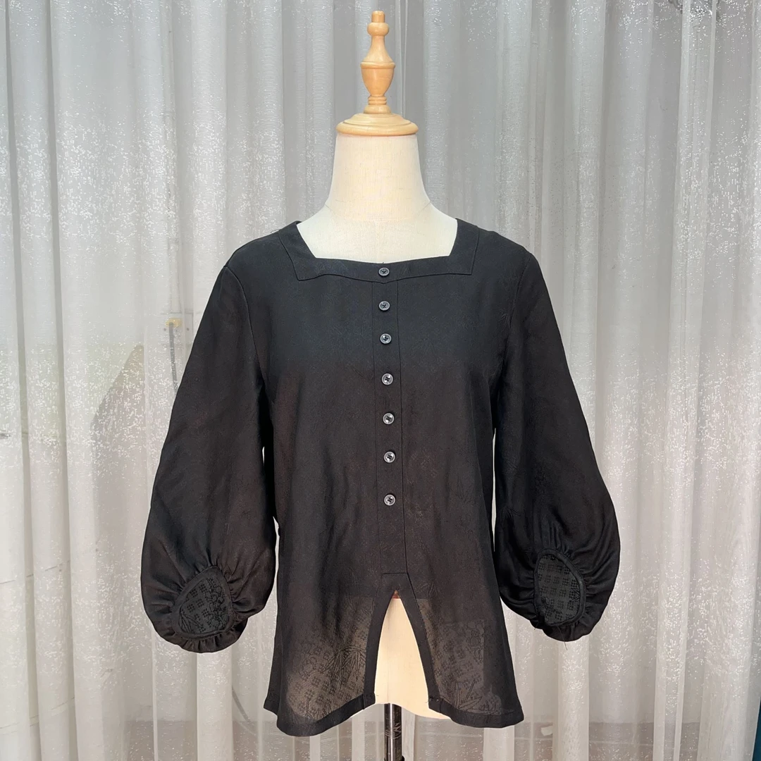 绫上锦-100桑蚕丝方领鸟巢袖带扣对襟开衫